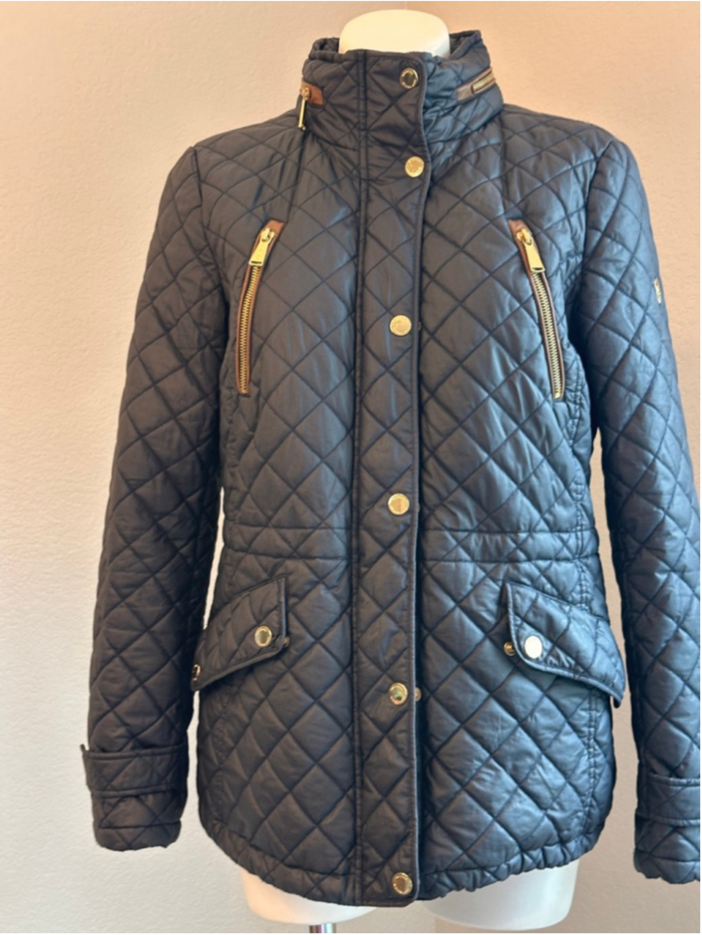Michael Kors Navy Quilted Coat Gold Hardware Faux Leather Trim Hood Medium